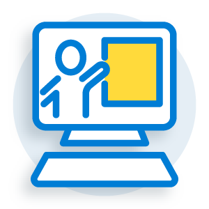 illustration of a computer with a person pointing at a poster on the screen